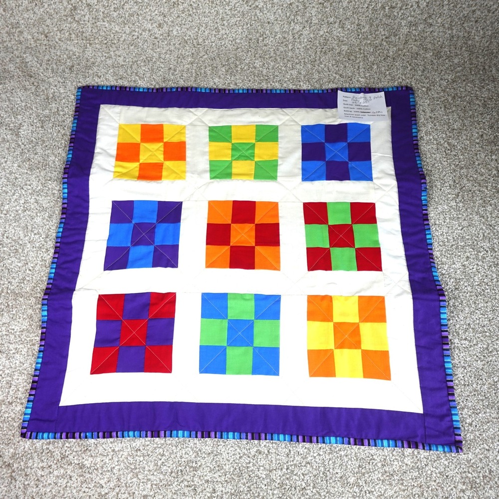 Handmade Rainbow 9 Patch Baby Quilt Purple Border 28x28 Cotton Nursery Blanket